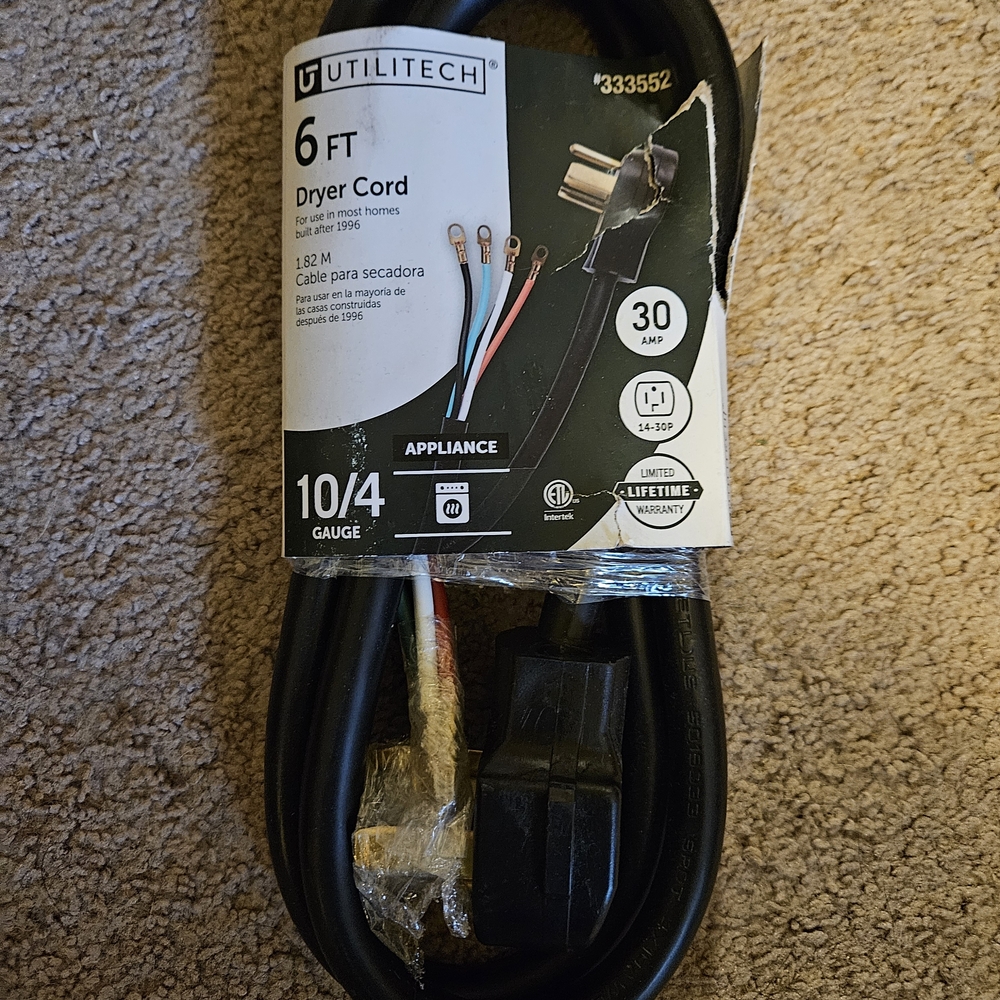 Black Dryer Cord - 6 FT